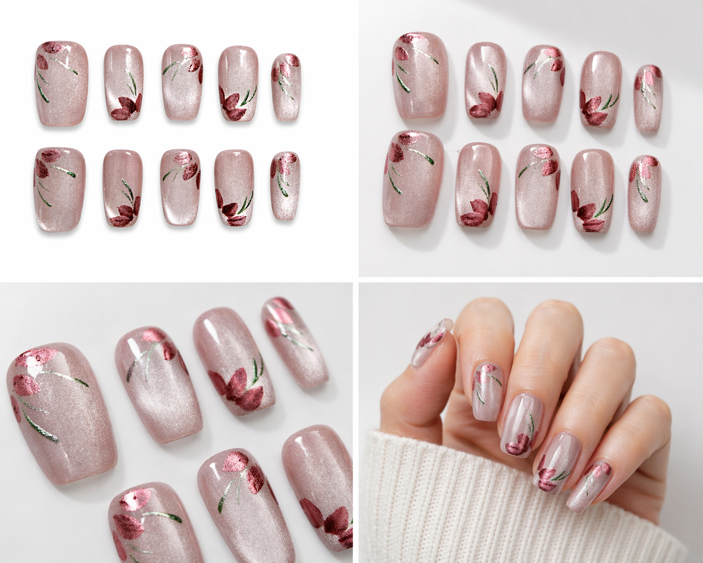 Cat Eye Blush Floral Press-On Nails – Style 1041 (Size Small)