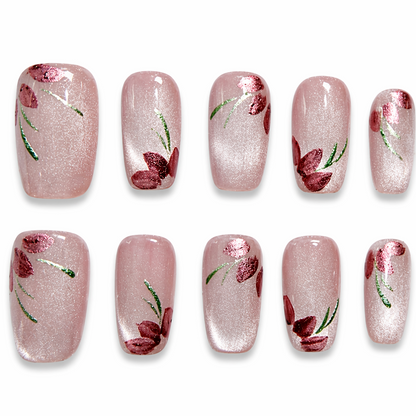 Cat Eye Blush Floral Press-On Nails – Style 1041 (Size Small)