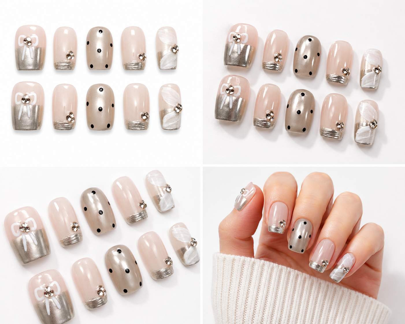 Cat Eye Nude Chrome Bow Press-On Nails – Style 1041 (Size Medium)
