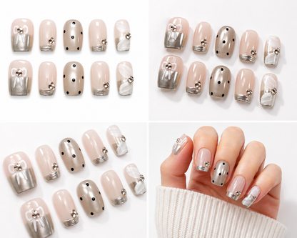Cat Eye Nude Chrome Bow Press-On Nails – Style 1041 (Size Medium)