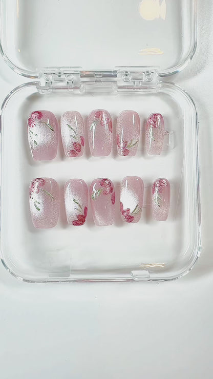 Cat Eye Blush Floral Press-On Nails – Style 1041 (Size Small)